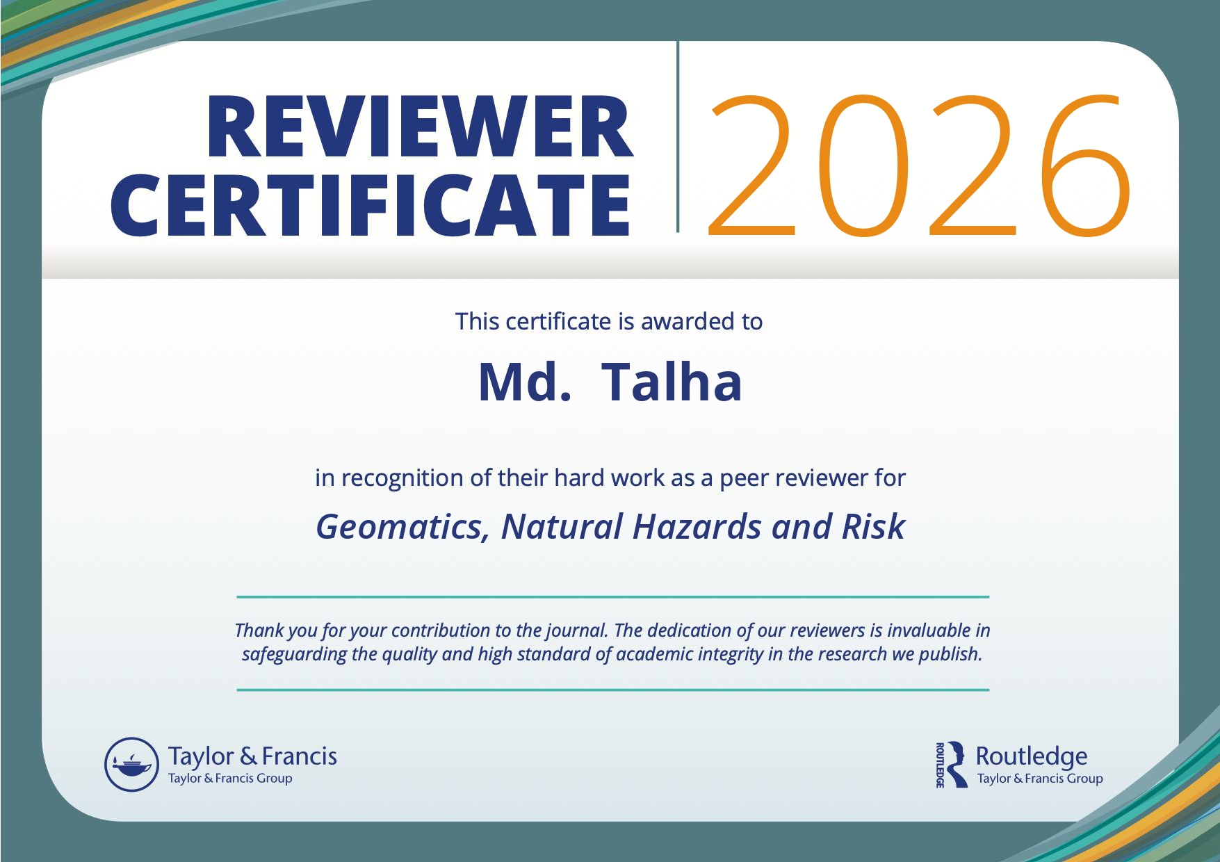 Geomatics, Natural Hazards and Risk Reviewer Certificate