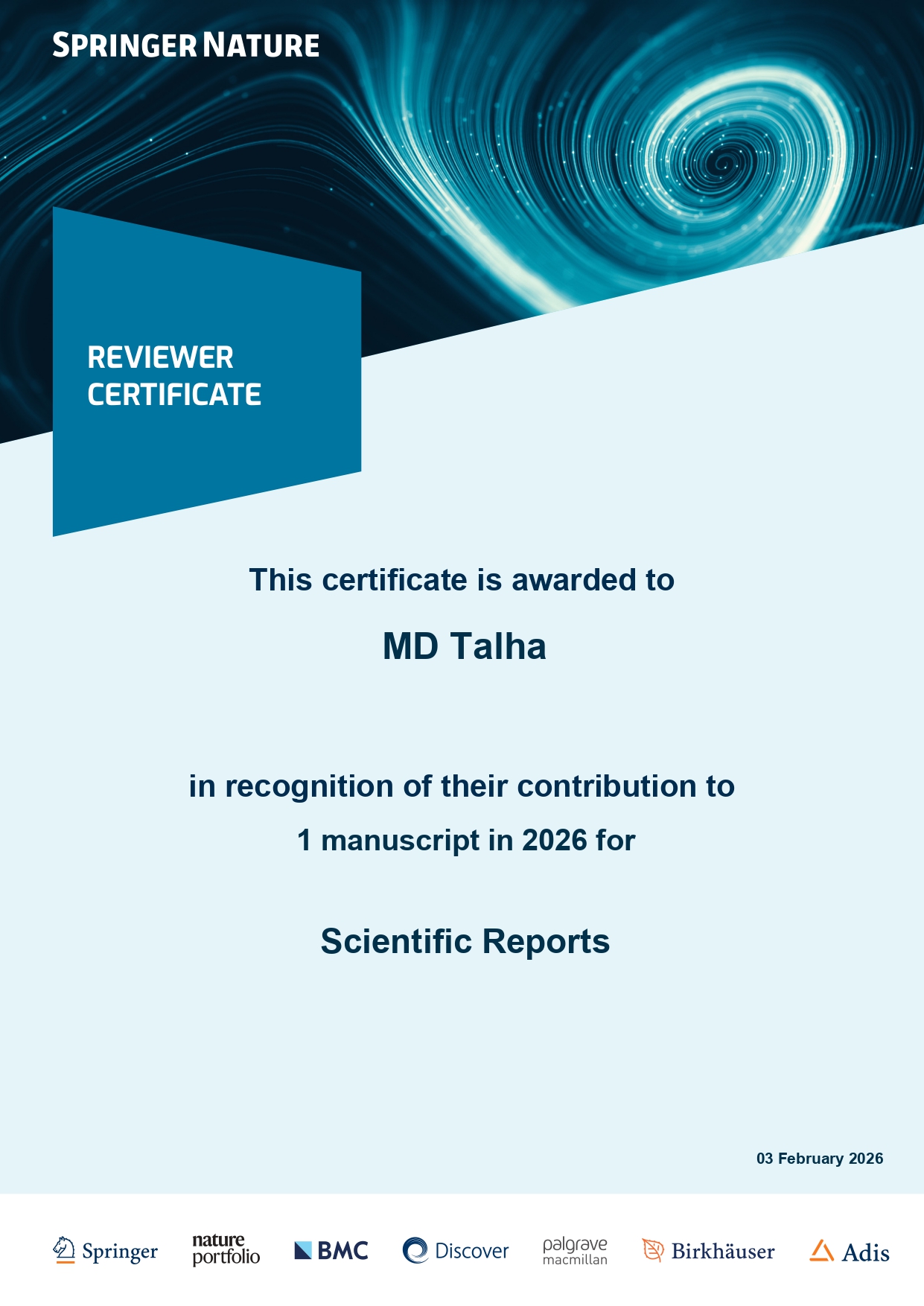 Scientific Reports Reviewer Certificate